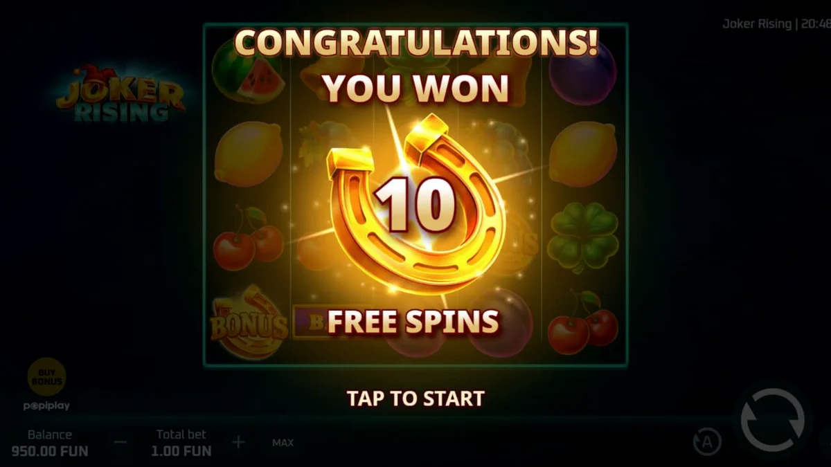 Tampilan visual slot Joker Rising dengan simbol buah neon dan karakter Joker